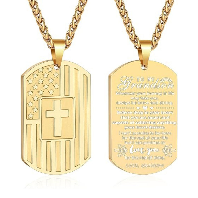 14K Gold Plated American Flag Dog Tag Cross Necklace for Men