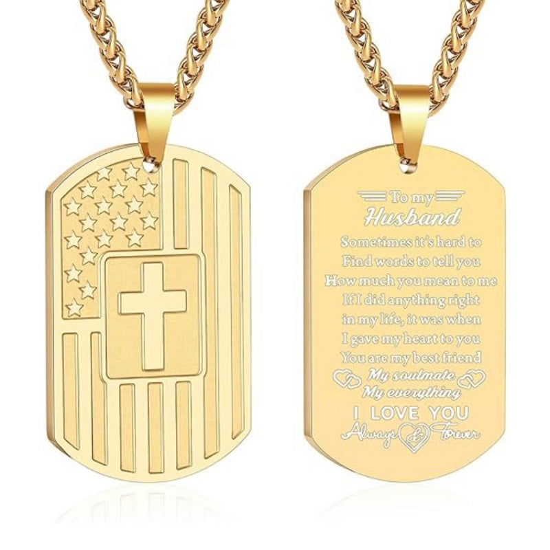 14K Gold Plated American Flag Dog Tag Cross Necklace for Men