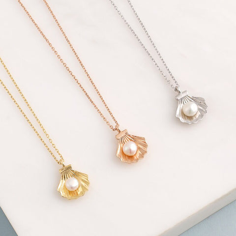 14K Gold Pearl in SeaShell Pendant Cockle Shell Necklace Pearl in Oyster Clam Oceanic Nautical Charm Pendant Gold Chain Necklace