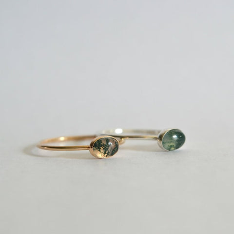 Sterling Silver Oval Moss Agate Ring with Rainbow Moonstone, Turquoise, and Black Onyx