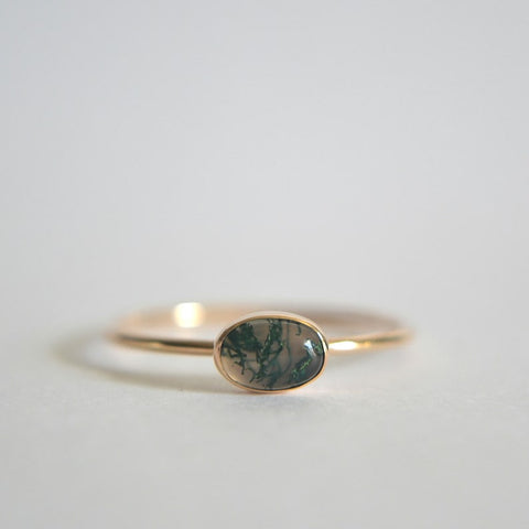 Sterling Silver Oval Moss Agate Ring with Rainbow Moonstone, Turquoise, and Black Onyx