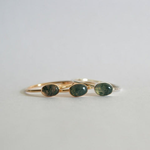 Sterling Silver Oval Moss Agate Ring with Rainbow Moonstone, Turquoise, and Black Onyx