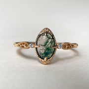 Sterling Silver Vintage Ring with Moss Agate and Gold Oval Green Gemstone