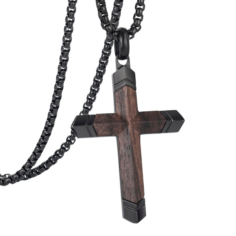 14K Gold  Plated Wooden Cross Crucifix Pendant Necklace for Men