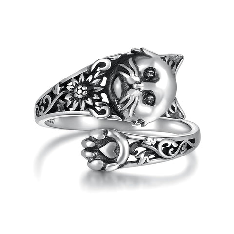 Sterling Silver Cat Adjustable Spoon Ring for Women