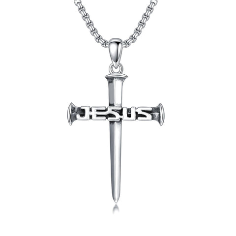 Sterling Silver  Nail Cross Jesus Pendant Necklace