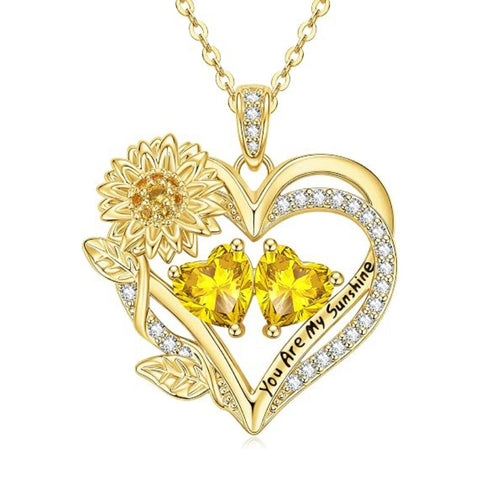 14K Gold  Plated Double Birthstone Heart Sunflower Necklace for Women