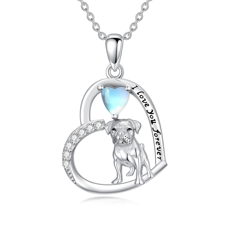 Sterling Silver Moonstone Pug Chihuahua Poodle German Shepherd Maltese Pendant Necklace Engraved wth I Love You Forever