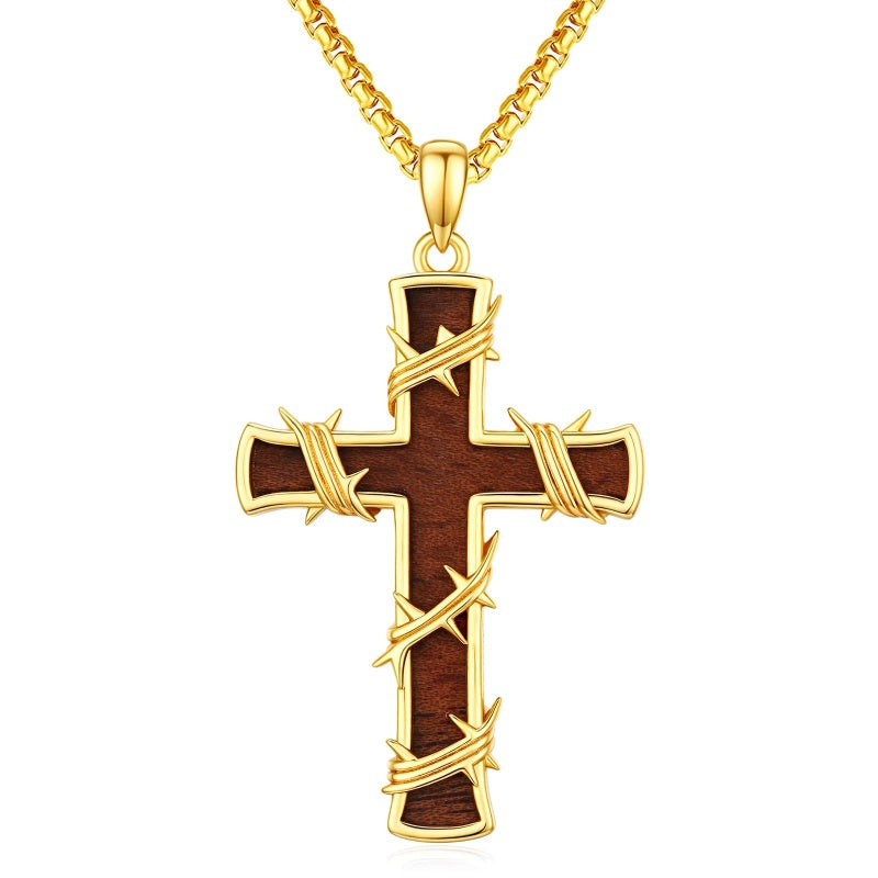 14K Gold Plated Wooden Cross Pendant Necklace Christian Catholic Jewelry Religious Gift