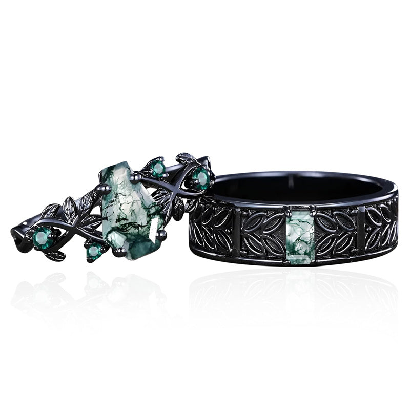 Sterling Silver 10K 14K 18K Gold Natural Leaf  Moss Agate Engagement Anniversary Couple Ring Sets