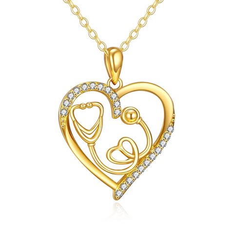 14K Gold Stethoscope Necklace Heart-Shaped Stethoscope Pendant Necklace for Doctor Nurse Medical Student Gifts