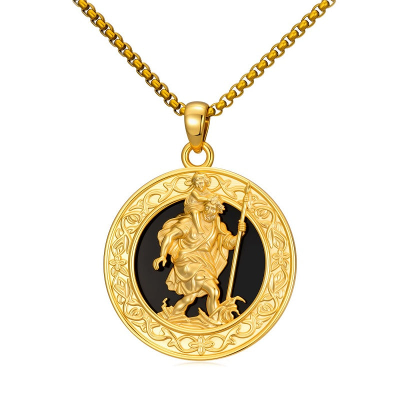 14K Gold Plated Black Onyx Patron Saint Medal Religious Amulet Pendant Necklace for Men
