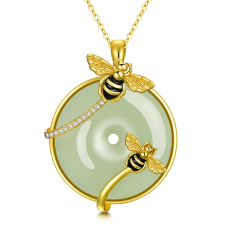 14K Gold Plated Natural Jade Hummingbird Cat Dragonfly Butterfly Bee Pendant Necklace for Women