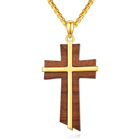 Wood 14K Gold Plated Cross Pendant Necklace
