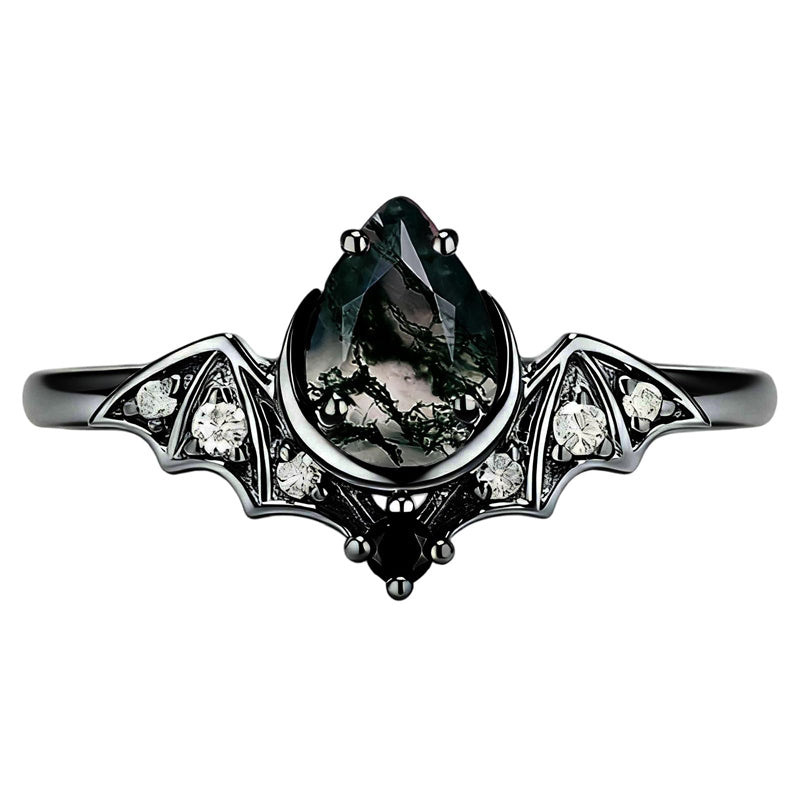 Sterling Silver 10K 14K  18K Gold Personalized Engraved Moss Agate Gothic Promise Wedding Engagement Black Ring Set