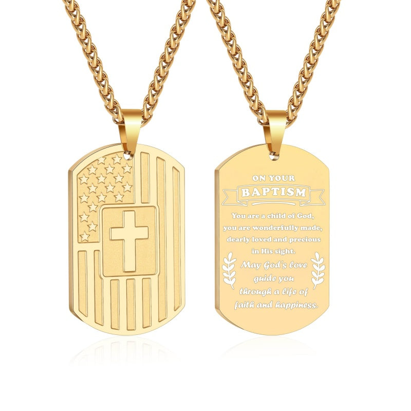 14K Gold Plated American Flag Dog Tag Cross Necklace for Men