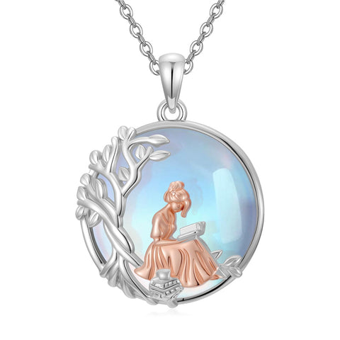 Sterling Silver Moonstone Tree of Life Art Book Pendant Necklace for Book Lover