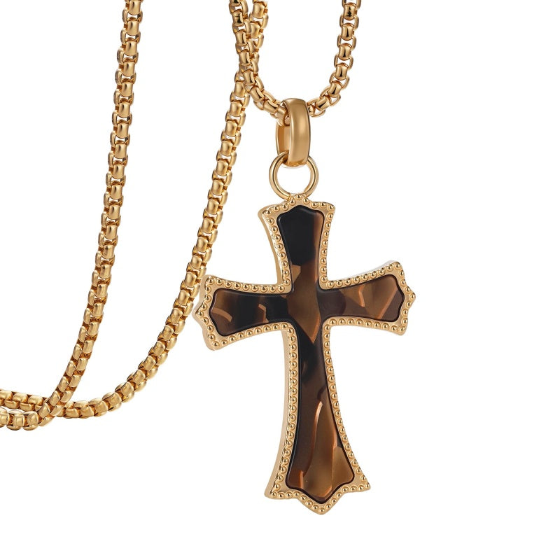 14K Gold Plated Wooden Abalone Shell Cross Pendant Necklacefor Men