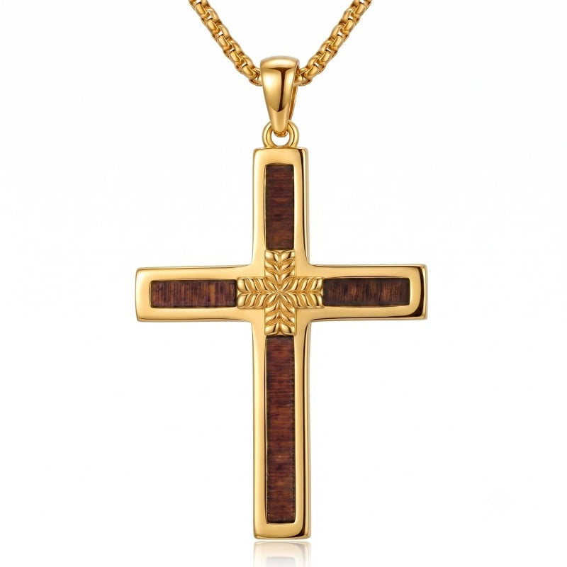 14K Gold Plated Wooden Cross Pendant Necklace Christian Catholic Jewelry Religious Gift