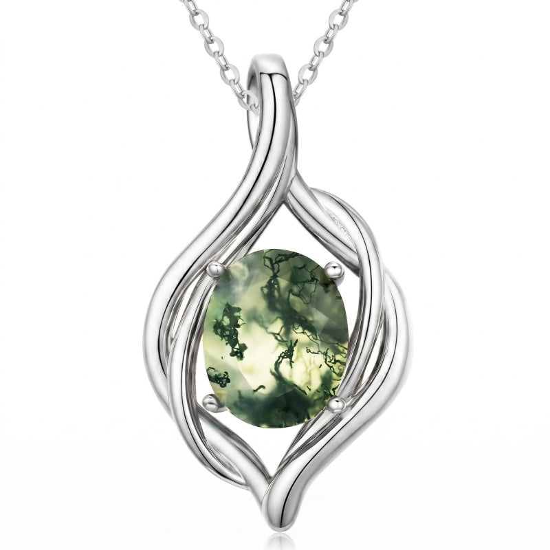 14K Gold Plated Moss Agate Pendant Necklace Boho Jewelry for Women