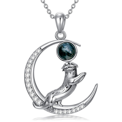 Sterling Silver Moss Agate Moon Otter Pendant Necklace