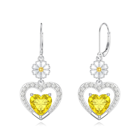 Sterling Silver Heart Cubic Zirconia Sunflower Rose Daisy Lily Lotus Hibiscus Dangle Earrings