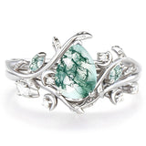 Sterling Silver 2CT Moss Agate  Engagement Wedding Ring Sets for Women
