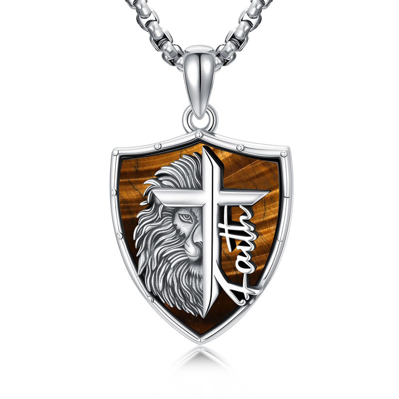 Sterling Silver Faith Bible Lion Pendant Necklace for Men