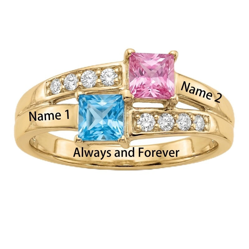 10K 14K 18K Gold Square Shaped Personalized 1-5 Birthstone  Family Mother's Ring Anniversary Ring for Women
