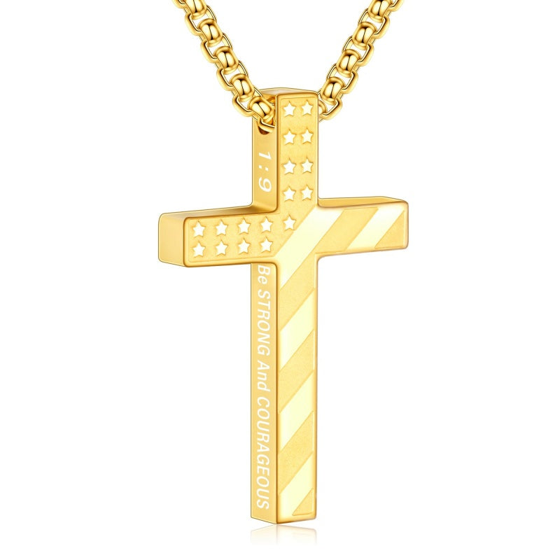 14K Gold Plated Bible Verse American Flag Cross Necklac for Men