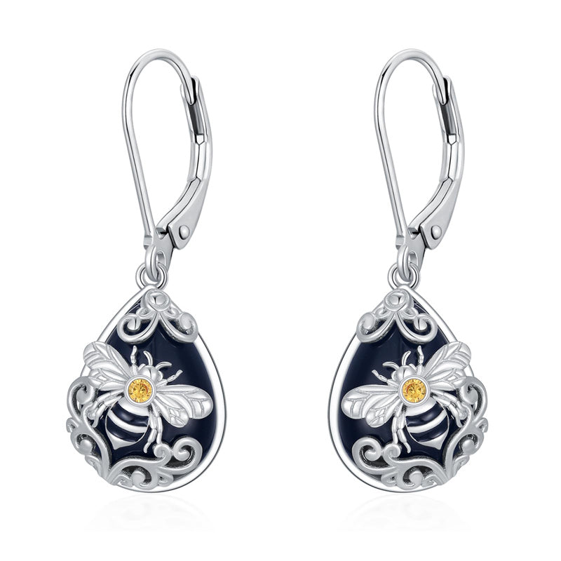 Sterling Silver Filigree Black Onyx  Bee Hummingbird Leverback Earrings
