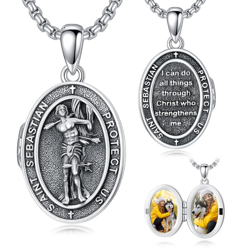 Sterling Silver Personalized Photo St. Anthony Francis Sebastian Medal Protection Necklace Catholic Christian Jewelry
