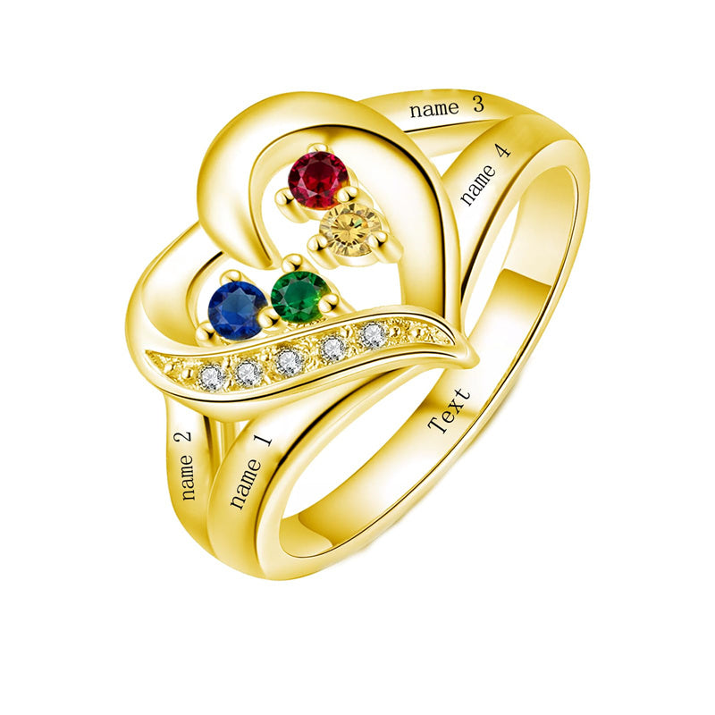 10K 14K 18K Gold Personalized 1-6 Stones Engraved Heart Mother Ring for Mother's Day