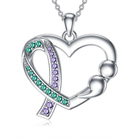 Sterling Silver Teal and Purple Ribbon Ribbon Pendant Necklace Awareness Jewelry Inspirational Gifts for Women