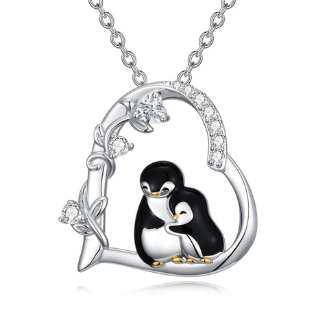 Sterling Silver Cubic Zircon Mother Daughter Mama Bear Giraffe Elephants Otters Penguins Heart Pendant Necklace