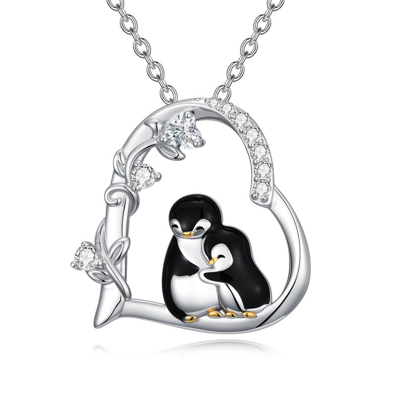 Sterling Silver Cubic Zircon Mother Daughter Mama Bear Giraffe Elephants Otters Penguins Heart Pendant Necklace