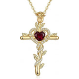 14K Gold Plated Heart Birthstone Rose Cross  Pendant Necklace  Religious Christian Jewelry for Women