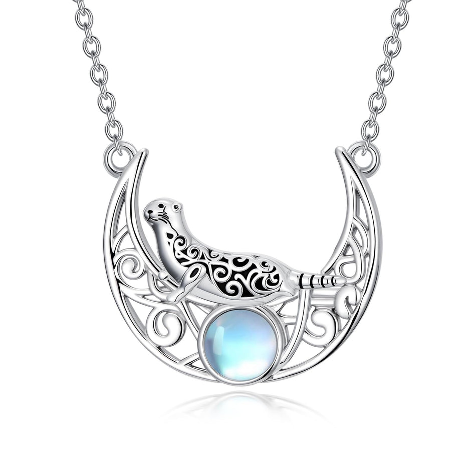Sterling Silver Moonstone Celtic Knot Raccoon Otter Pig Dolphin Cow Pendant Necklace Birthday Mother's Day Gift