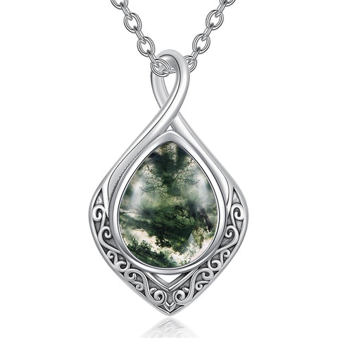 Sterling Silver Moss Agate Celtic Knot Rose Claddagh Filigree Pendant Necklace
