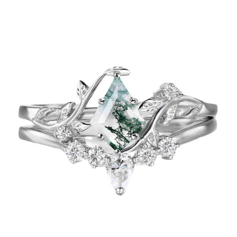 Sterling Silver 10K 14K 18K Gold Personalize Engraved Moss Agate Engagement Rings for Women