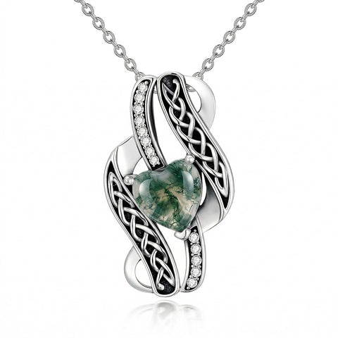 Sterling Silver Moss Agate Celtic Knot Rose Claddagh Filigree Pendant Necklace