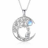 Sterling Silver Moonstone Tree of Life Wolf Cat Fox Rabbit Monkey Pendant Necklace Gift for  Birthday Christmas