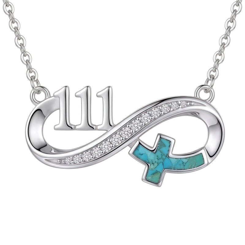 Sterling Silver Turquoise & Zirconia Infinity  111 222 333 444 777 Angel Number Pendant Necklace for Women