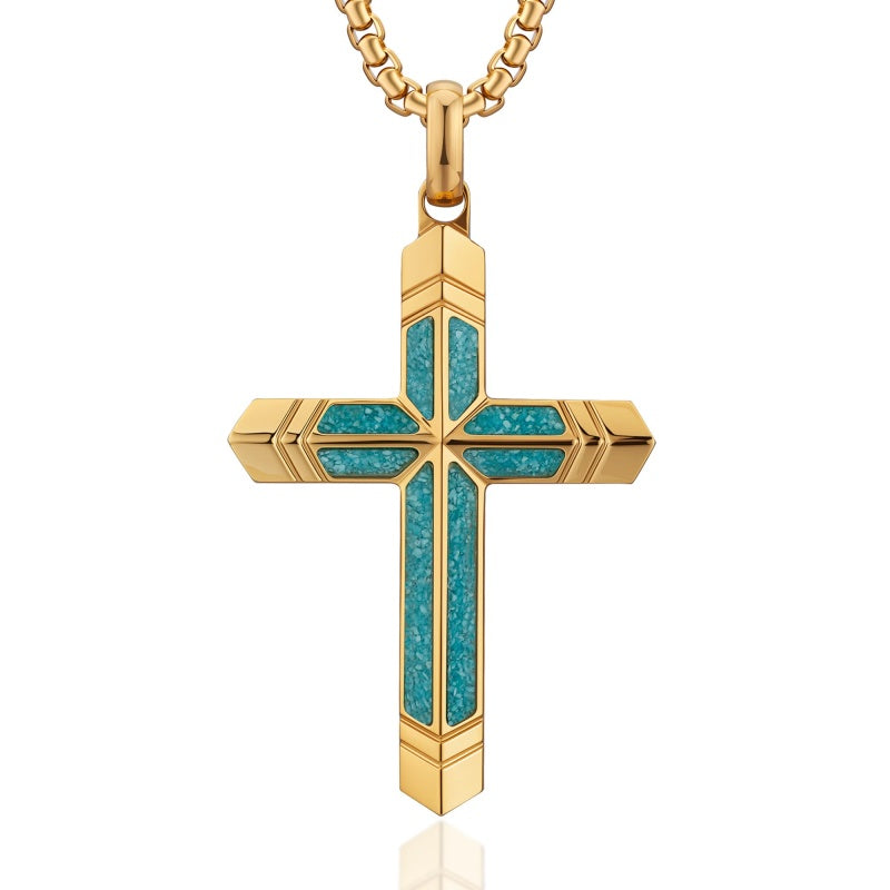 14K Gold Plated Turquoise Malachite Cross Necklace for Men Christianity Cross Jewelry