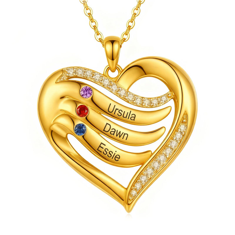 10K 14K 18K Gold  Personalized 1-4 Birthstones Engraved Heart Necklace for Women