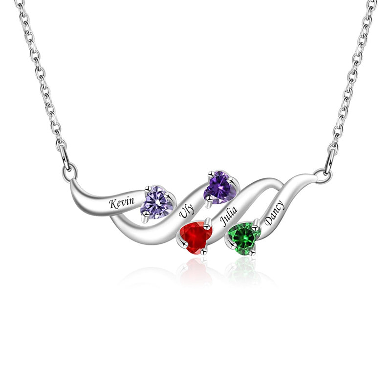 Sterling Silver Personalized Birthstone Name Wave Pendant Family Necklace