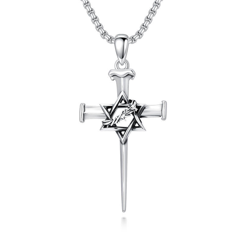 Sterling Silver Star Of David  Cross Pendant Necklace