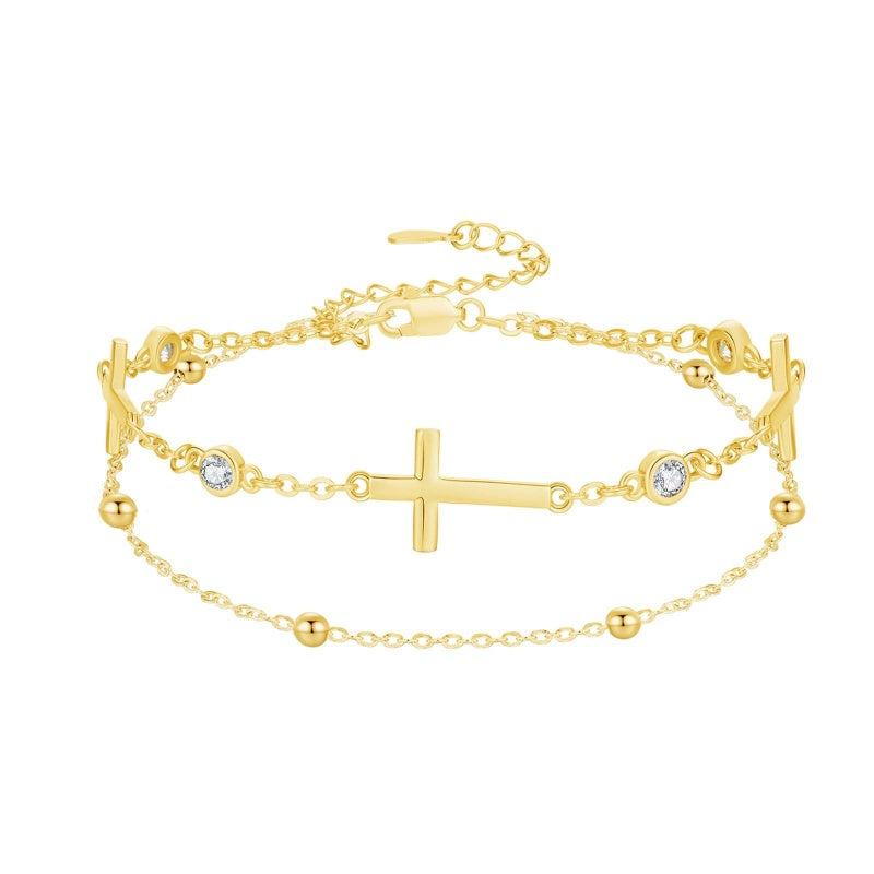 14K Gold Plated  Faith Cross Religious  Double Layered Anklet