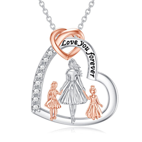 Sterling Silver Mother and 2/3/4 Daughter Heart Pendant Necklace Engraved with Love You Forever