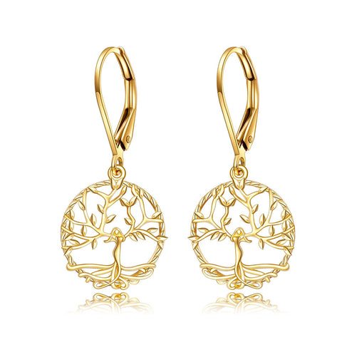 14K Gold Tree of Life Leverback Earrings